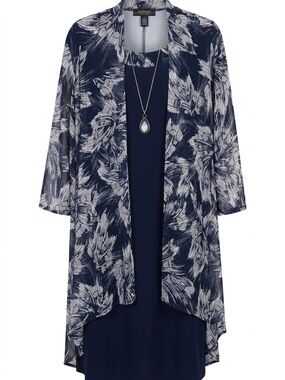 R&M Richards Navy and White Floral Jacket Dress with Necklace